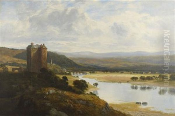 A Highland River Landscape With Tower Oil Painting by William Beattie-Brown