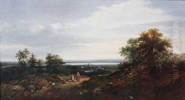 Figures On A Hill, Overlooking A Town Near An Estuary Oil Painting by William Beattie-Brown