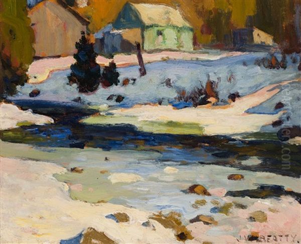 Sketch For Winter Sunshine, Bellefountain [sic] (cabin At River's Edge In Winter) Oil Painting by John William Beatty