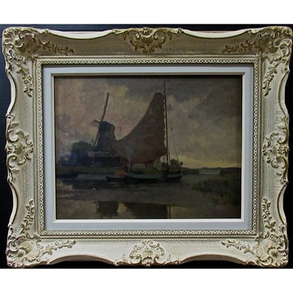 Untitled (evening Scene With Boaters And Windmill) Oil Painting by John William Beatty