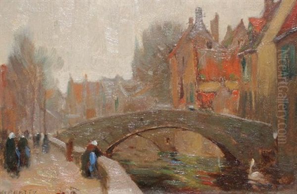 Amsterdam Canal Scene Oil Painting by John William Beatty