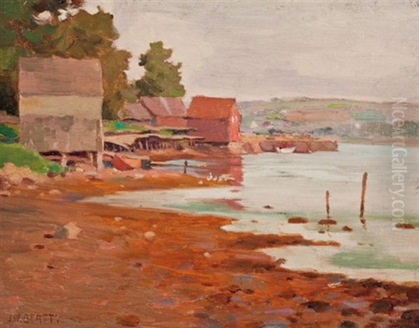 Boathouses At Low Tide Oil Painting by John William Beatty