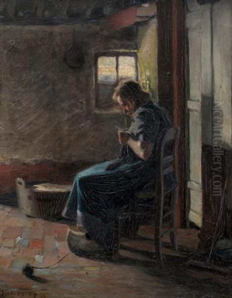 Portrait Of A Woman Knitting Oil Painting by John William Beatty