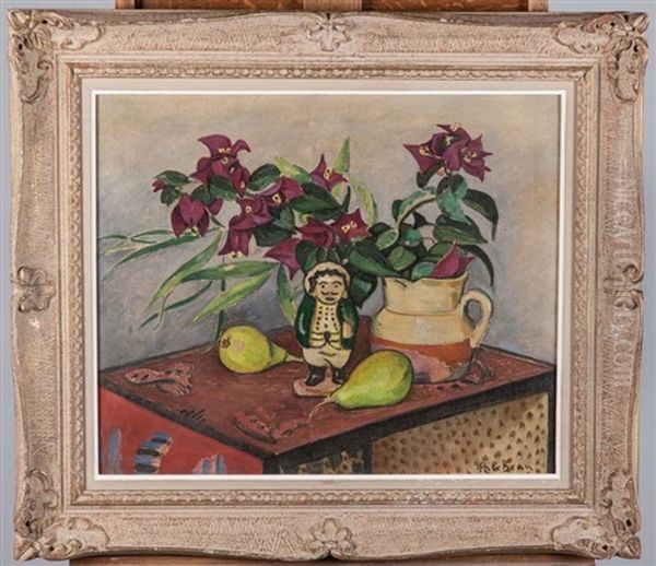 Table Japonisante Avec Fleurs, Marionnette Et Poires Oil Painting by Alcide-Marie le Beau