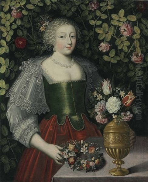 Portrait Of A Lady With A Floral Garland And A Vase Of Tulips, Roses And Other Flowers Oil Painting by Charles Beaubrun