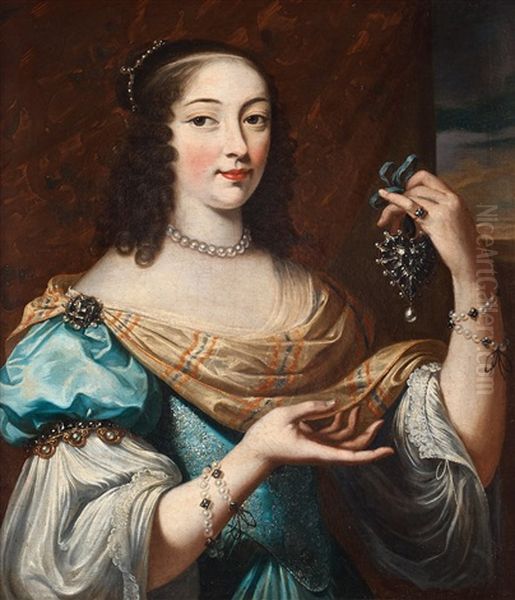 Portrait Of A Woman In A Blue Dress With Lots Of Jewellery Oil Painting by Charles Beaubrun