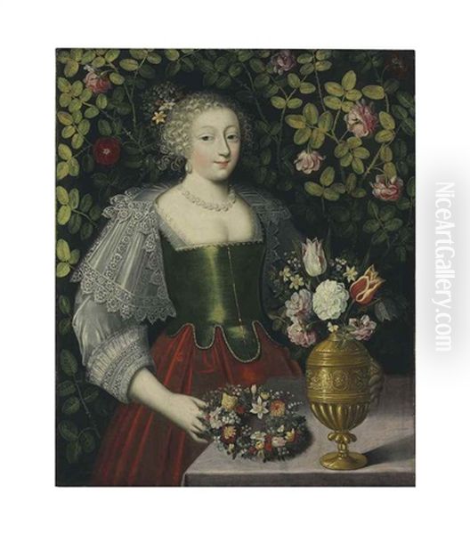 Portrait Of A Lady With A Floral Garland And A Vase Of Tulips, Roses And Other Flowers Oil Painting by Charles Beaubrun