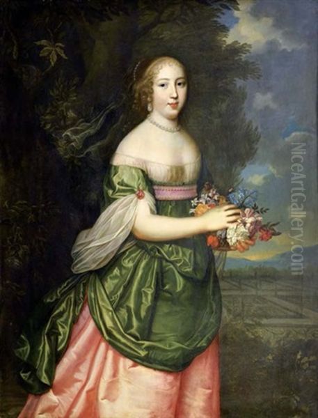 Portrait D'une Jeune Femme Tenant Un Bouquet De Fleurs Oil Painting by Charles Beaubrun