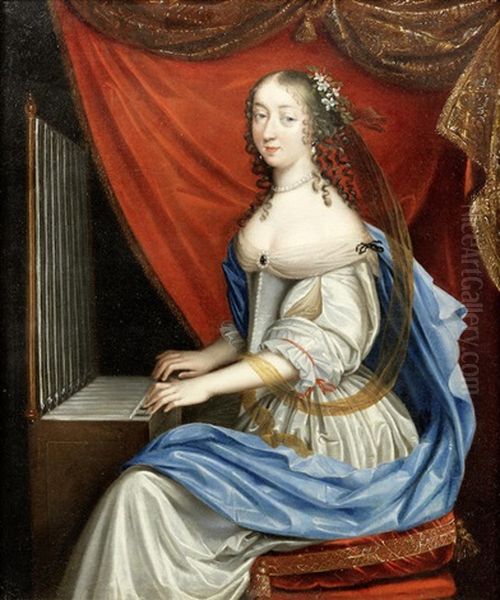 Portrait Of A Lady, As Saint Cecilia, Three-quarter-length, In A White Dress And A Blue Wrap, Playing An Organ Oil Painting by Charles Beaubrun