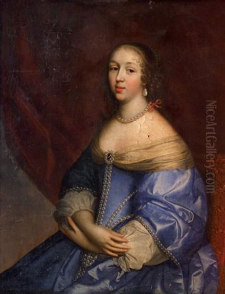 Portrait D'une Femme De Qualite En Robe Bleue, A Plusieurs Rangs De Perles, Assise Dans Un Fauteuil Garni De Tissu Rouge Oil Painting by Charles Beaubrun