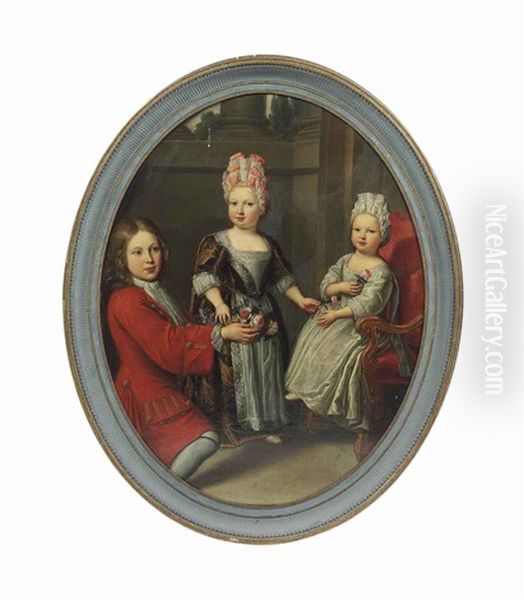 Portrait Of A Young Man And Two Girls In An Interior Oil Painting by Charles Beaubrun