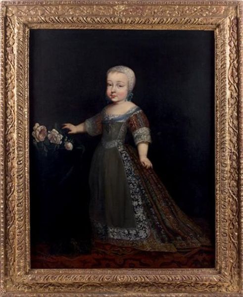 Portrait D'enfant Tenant Un Bouquet De Roses Oil Painting by Charles Beaubrun