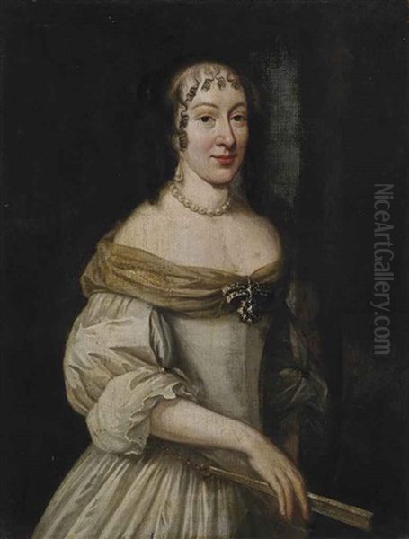 Portrait Of A Lady, Three-quarter-length, In A White Dress, A Fan In Her Right Hand, A Landscape Beyond Oil Painting by Charles Beaubrun