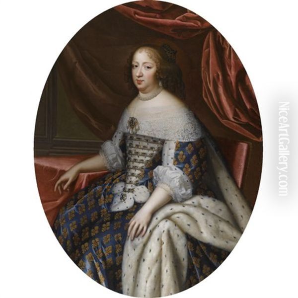 Portrait Of Anne Of Austria, Queen Of France, Seated, Three-quarter Length, Dressed In An Ermine Gown Oil Painting by Charles Beaubrun