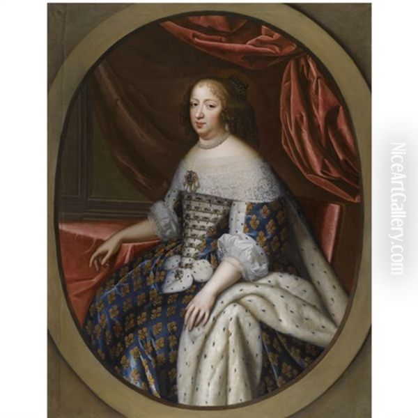 Portrait Of Anne Of Austria, Queen Of France, Seated, Dressed In An Ermine Gown Oil Painting by Charles Beaubrun