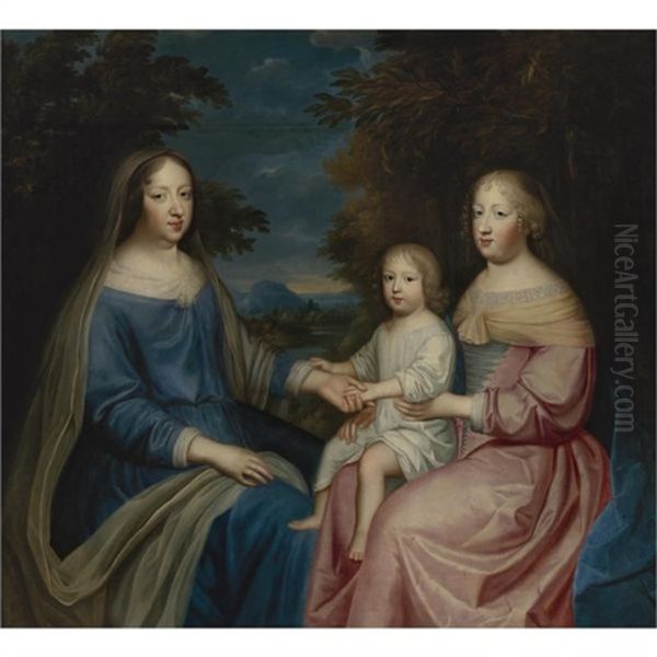 A Portrait Of Anne Of Austria With Marie-therese Of Spain Holding Louis, The Grand Dauphin Oil Painting by Charles Beaubrun