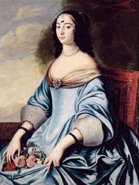 Portrait De Femme En Robe Bleue Oil Painting by Charles Beaubrun