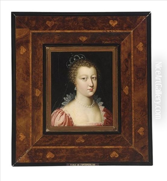 A Portrait Of A Noble Lady, Possibly Anna Of Austria (1601-1666), Head And Shoulders, Wearing A Red Dress With A Lace Collar, Pearl Jewellery And A Pearl Crown Oil Painting by Charles Beaubrun