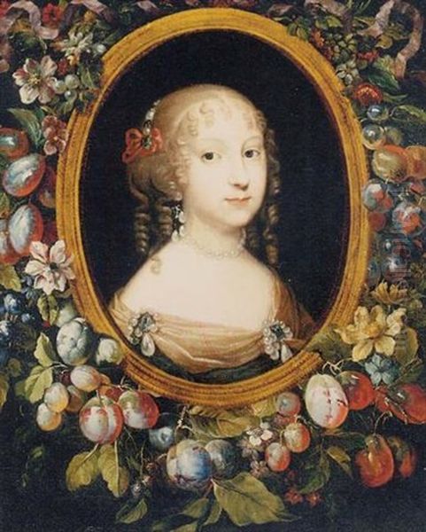 Portrait Of A Lady (madame Grignon, Daughter Of The Marquis De Sevigny?) In A Feigned Oval Frame Surrounded By A Garland Of Fruit Oil Painting by Charles Beaubrun