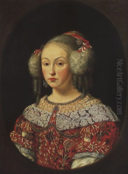 Portrait Of A Lady, Wearing A Red Dress With An Embroidered Collar Decorated With Jewellery Oil Painting by Charles Beaubrun