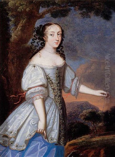 Portrait Of A Lady Wearing A White Silk Dress In A Landscape At Dusk Oil Painting by Charles Beaubrun