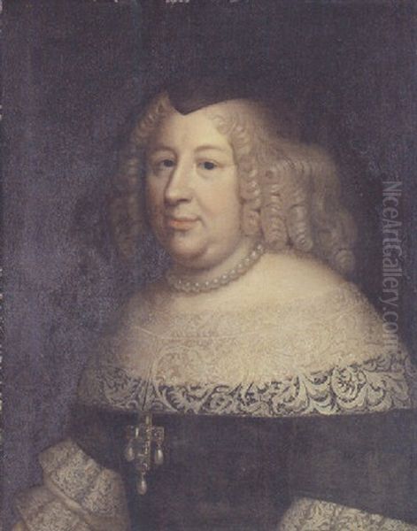 Portrait Of Anne Of Austria In A Black Dress With A White Lace Collar And Sleeves Oil Painting by Charles Beaubrun