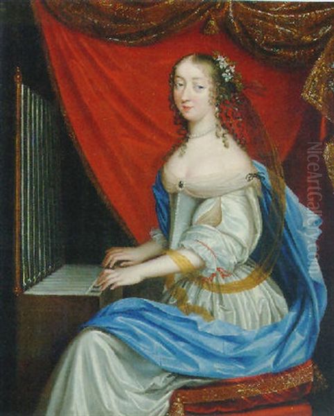 Portrait Of A Lady As Saint Cecilia In A White Dress And A Blue Wrap, Playing An Organ Oil Painting by Charles Beaubrun