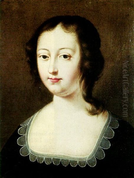 Portrait Of A Young Lady Wearing A Black Lace-trimmed Dress Oil Painting by Charles Beaubrun