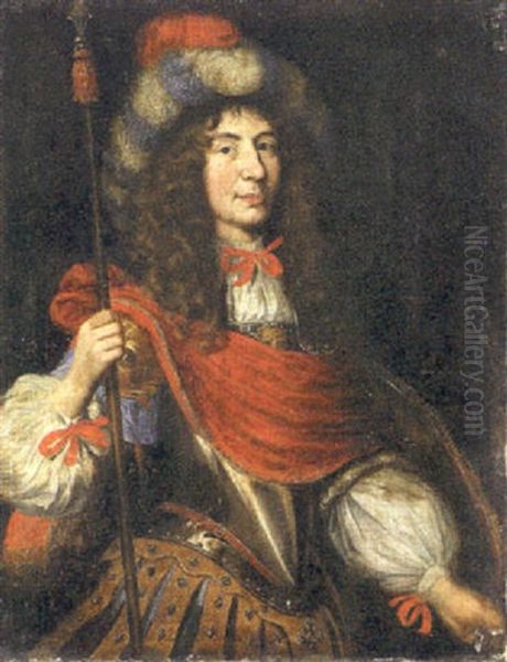 Portrait Of A Nobleman In Ceremonial Armor Holding A Spear And Wearing A Feathered Hat Oil Painting by Charles Beaubrun