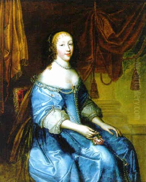 Portrait Of A Lady, Seated, Before A Column And A Draped Curtain Oil Painting by Charles Beaubrun