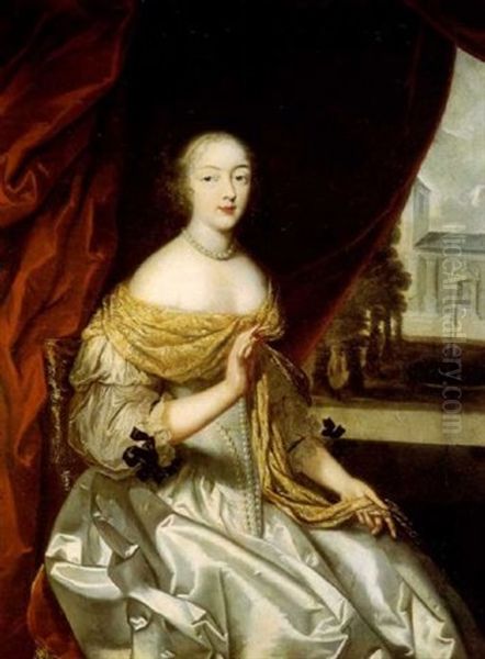 Portrait D'une Jeune Femme En Robe Blanche Devant Une Draperie Rouge Oil Painting by Charles Beaubrun