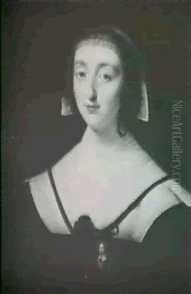 Portrait Of A Lady, Said To Be Mme. De Montmorency, Half    Length, Wearing A Black And White Costume And Headdress Oil Painting by Charles Beaubrun