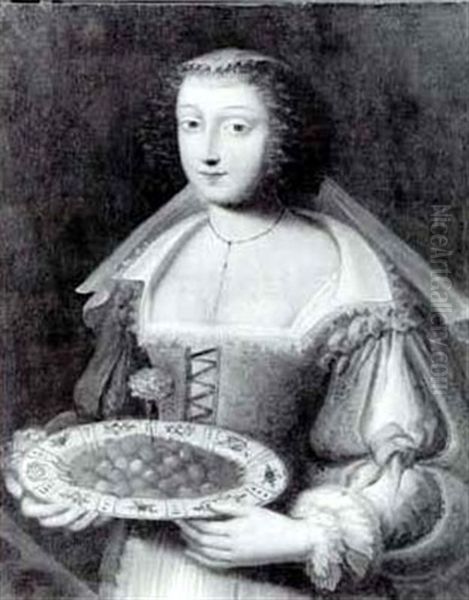 Portrait Of A Woman Holding A Blue And White Bowl Filled    With Fraises Du Bois And A Carnation Oil Painting by Charles Beaubrun