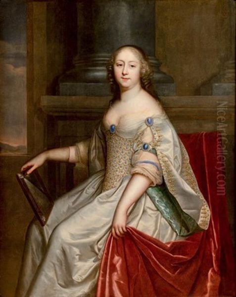 Portait D'une Dame De Qualite A La Robe De Satin Blanc Tenant Un Miroir Dans La Main Droite Oil Painting by Henri Beaubrun