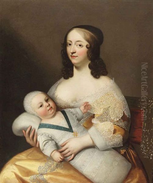 Double Portrait Of Dame Longuet De La Giraudier And The Dauphin, The Future Louis Xiv, King Of France Oil Painting by Henri Beaubrun