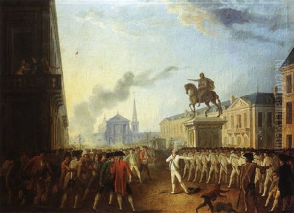 Rassemblement Autour Du Monument Eleve A La Gloire De Monsieur De Nouainville, A Rennes Oil Painting by Francois De Beaucourt