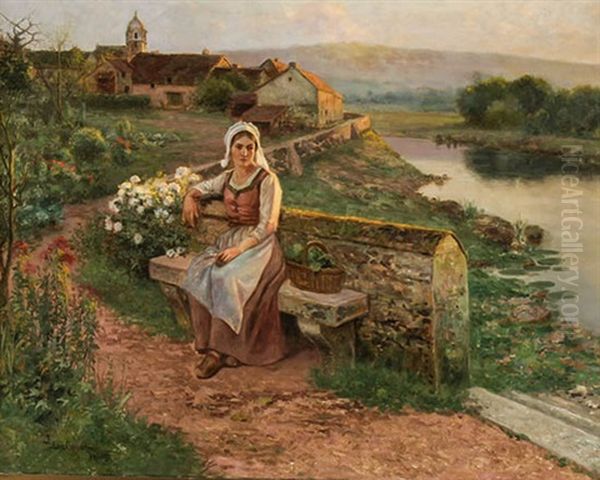 Woman Seated On A Bench Beside A Garden Oil Painting by Jean Beauduin