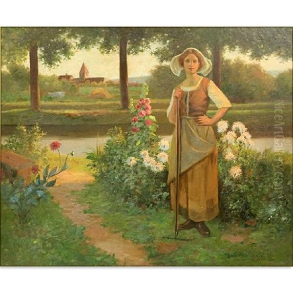 Maiden In Garden Oil Painting by Jean Beauduin