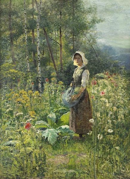 Girl Picking Flowers Oil Painting by Jean Beauduin