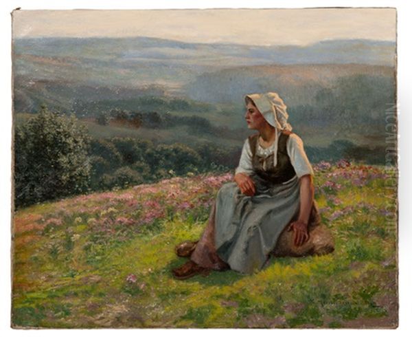 Girl In Meadow Oil Painting by Jean Beauduin