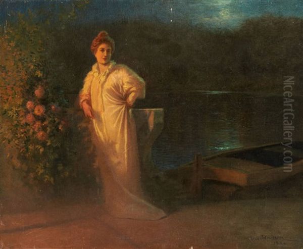 Jeune Femme Au Clair De Lune Oil Painting by Jean Beauduin