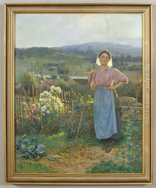 Young Woman In A Flower Garden Oil Painting by Jean Beauduin