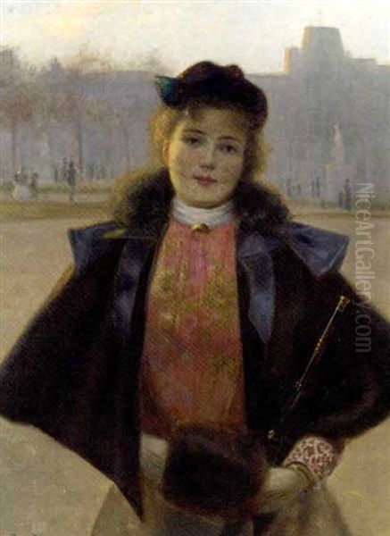 Portrait Of A Young Woman In A Winter Park With Fur Cape, Muff And Hat Oil Painting by Jean Beauduin