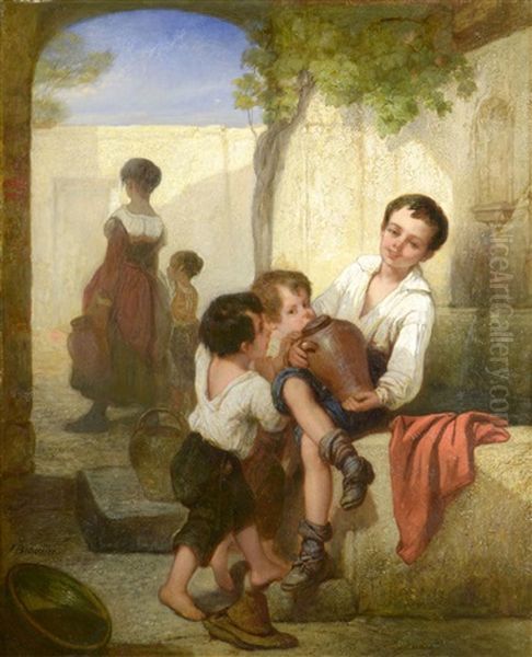 Thirsty Children Oil Painting by Joseph Beaume