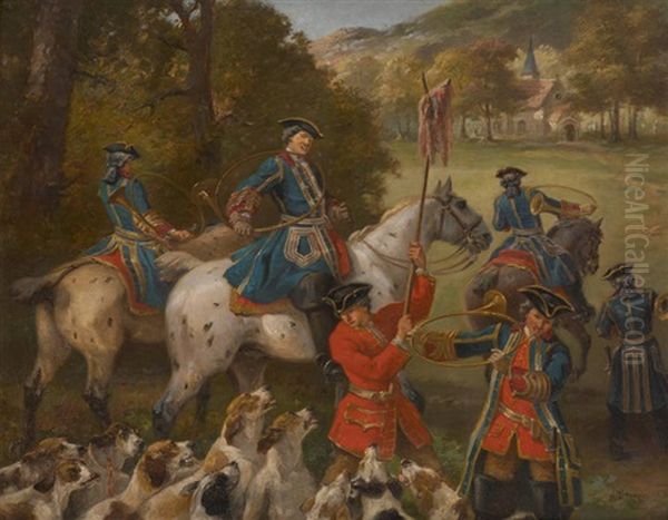 Depart De Chasse A Courre Oil Painting by Joseph Beaume