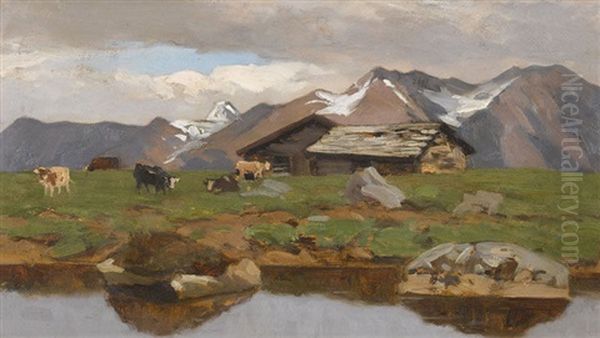 Gebirgssee Mit Kuhherde Und Alphutten Oil Painting by Auguste-Bouthillier de Beaumont