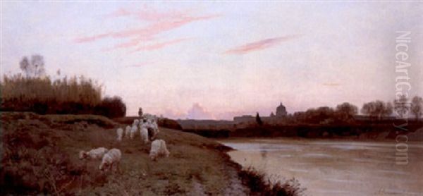 On The Banks Of The Tiber Oil Painting by Auguste-Bouthillier de Beaumont