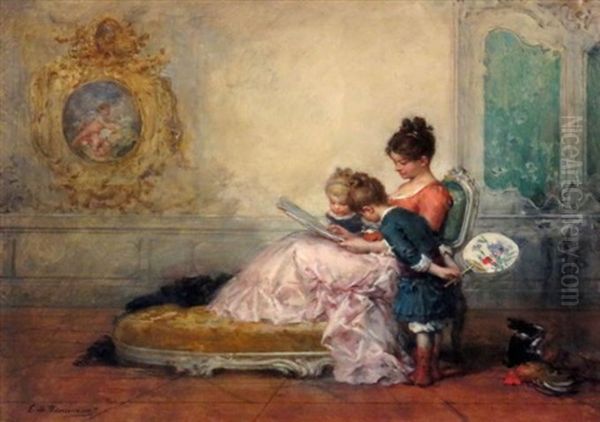 Reading To The Children And A Special Treat: Two Oil Painting by Charles Edouard de Beaumont