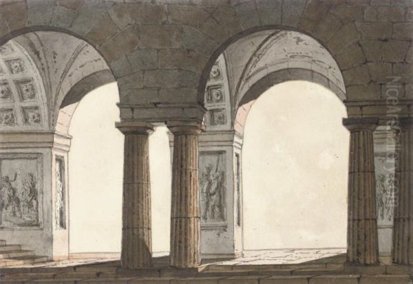 Technical Designs With Coffered Vaulting And Columns Oil Painting by Agostino Aglio