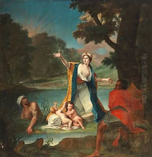 Classical Scene With A Woman Surrounded By Two Children At Her Feet, Two Astonished Men And Large Frogs At The Edge Of A Lake Oil Painting by Claudio Francesco Beaumont